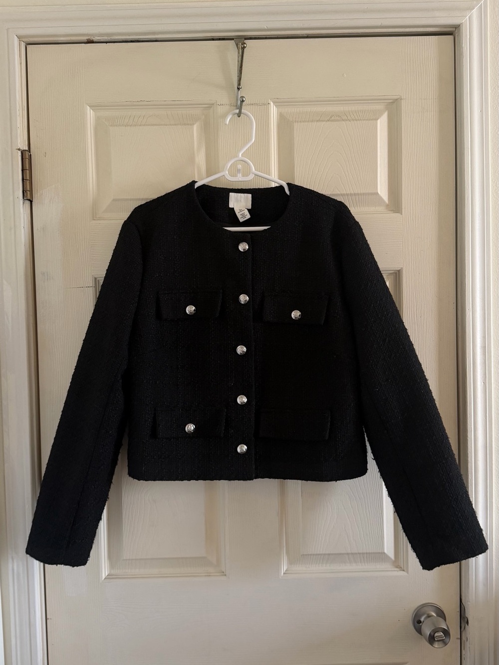 H&M Black Cropped Tweed Blazer with Decorative Buttons